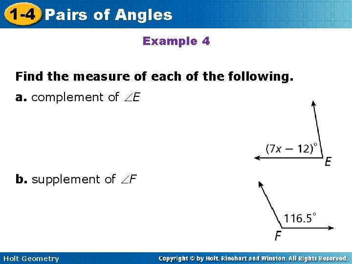 1 -4 Pairs of Angles Example 4 Find the measure of each of the