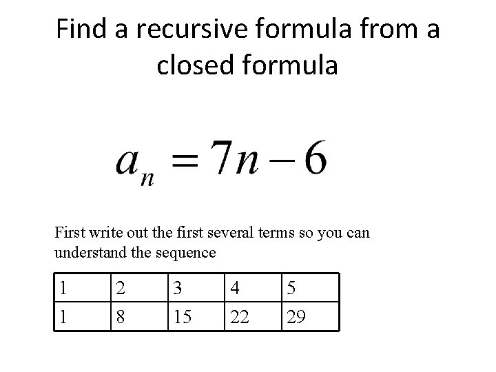 Find a recursive formula from a closed formula First write out the first several