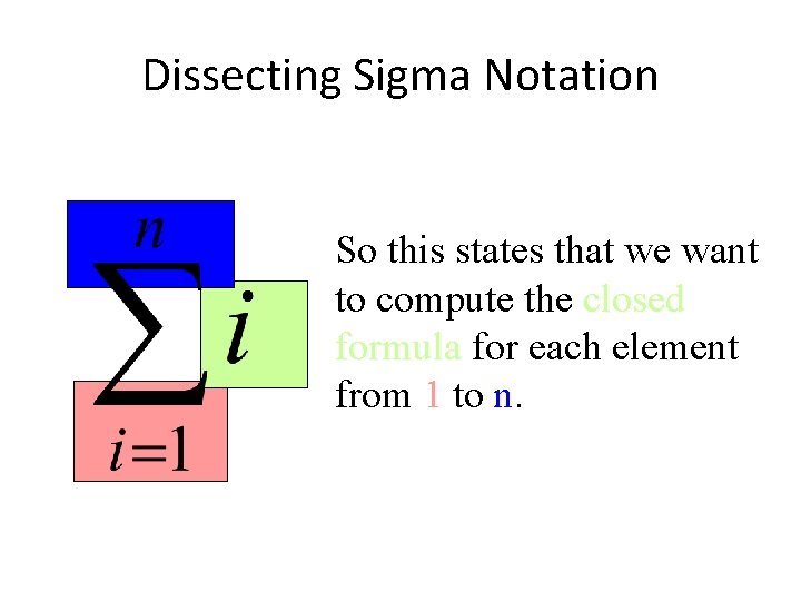 Dissecting Sigma Notation So this states that we want to compute the closed formula