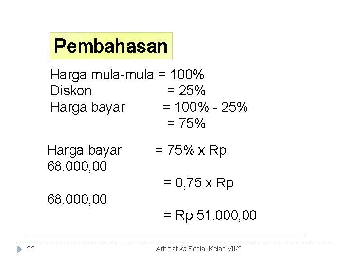 Pembahasan Harga mula-mula = 100% Diskon = 25% Harga bayar = 100% - 25%