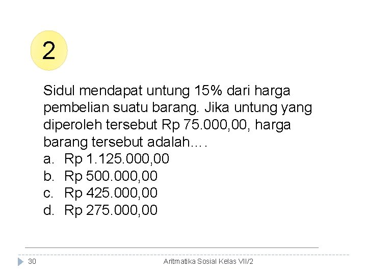 2 Sidul mendapat untung 15% dari harga pembelian suatu barang. Jika untung yang diperoleh