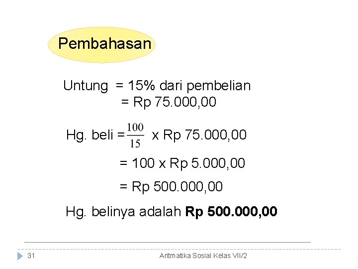 Pembahasan Untung = 15% dari pembelian = Rp 75. 000, 00 Hg. beli =