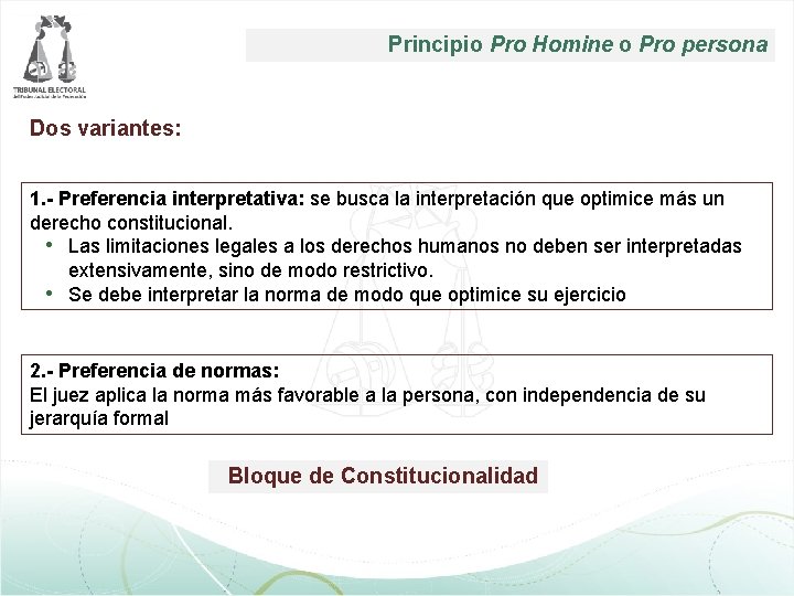 Principio Pro Homine o Pro persona Dos variantes: 1. - Preferencia interpretativa: se busca Principio Pro Homine o Pro persona Dos variantes: 1. - Preferencia interpretativa: se busca