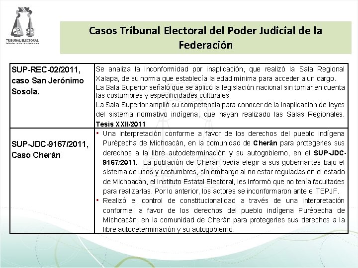 Casos Tribunal Electoral del Poder Judicial de la Federación SUP-REC-02/2011, caso San Jerónimo Sosola. Casos Tribunal Electoral del Poder Judicial de la Federación SUP-REC-02/2011, caso San Jerónimo Sosola.