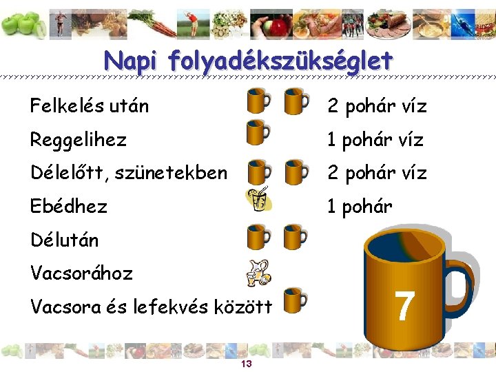 Napi folyadékszükséglet Felkelés után 2 pohár víz Reggelihez 1 pohár víz Délelőtt, szünetekben 2