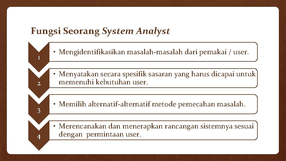 Fungsi Seorang System Analyst 1 2 3 4 • Mengidentifikasikan masalah-masalah dari pemakai /