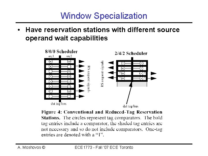 Window Specialization • Have reservation stations with different source operand wait capabilities A. Moshovos