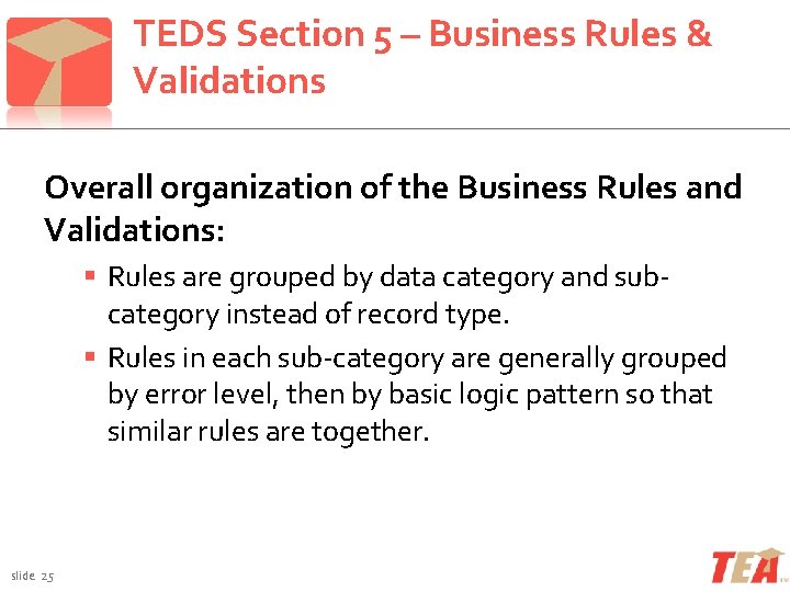 TEDS Section 5 – Business Rules & Validations Overall organization of the Business Rules