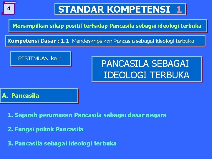 STANDAR KOMPETENSI 1 4 Menampilkan sikap positif terhadap Pancasila sebagai ideologi terbuka Kompetensi Dasar