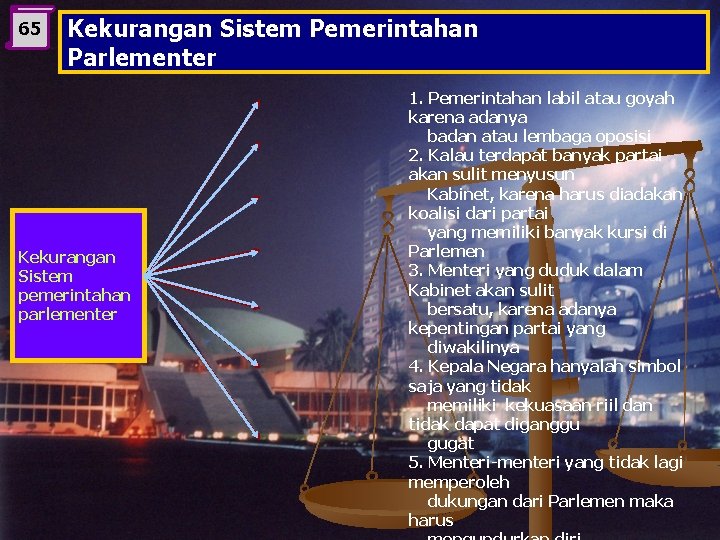 65 Kekurangan Sistem Pemerintahan Parlementer Kekurangan Sistem pemerintahan parlementer 1. Pemerintahan labil atau goyah