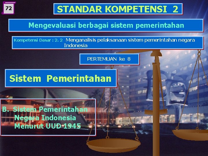 72 STANDAR KOMPETENSI 2 Mengevaluasi berbagai sistem pemerintahan Kompetensi Dasar : 2. 2 Menganalisis