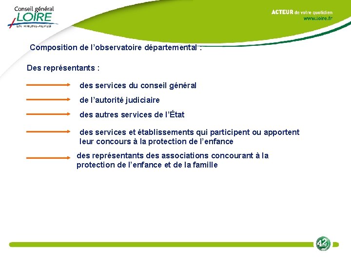 Composition de l’observatoire départemental : Des représentants : des services du conseil général de