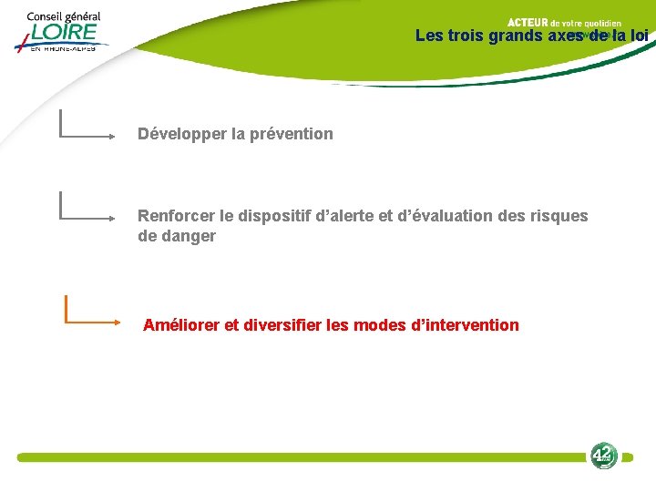 Les trois grands axes de la loi Développer la prévention Renforcer le dispositif d’alerte