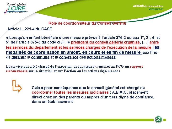 Rôle de coordonnateur du Conseil Général Article L. 221 -4 du CASF « Lorsqu’un