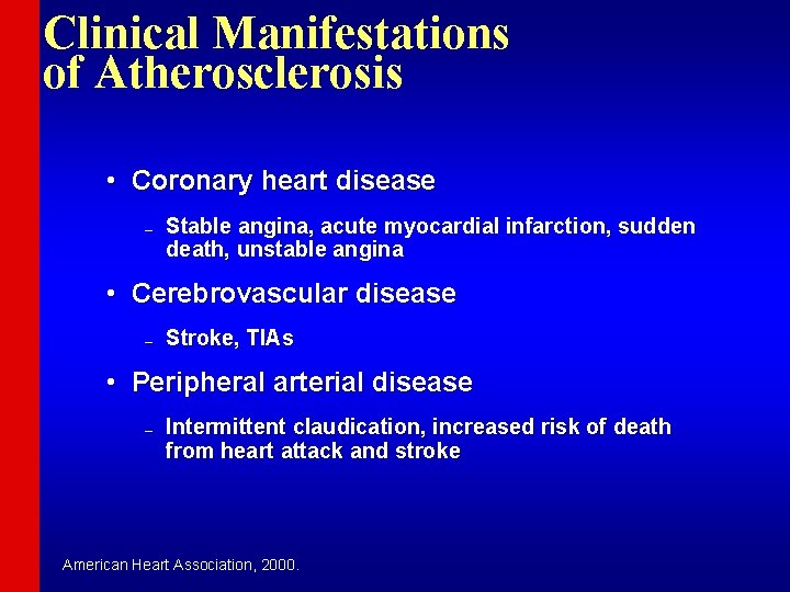 Clinical Manifestations of Atherosclerosis • Coronary heart disease – Stable angina, acute myocardial infarction,