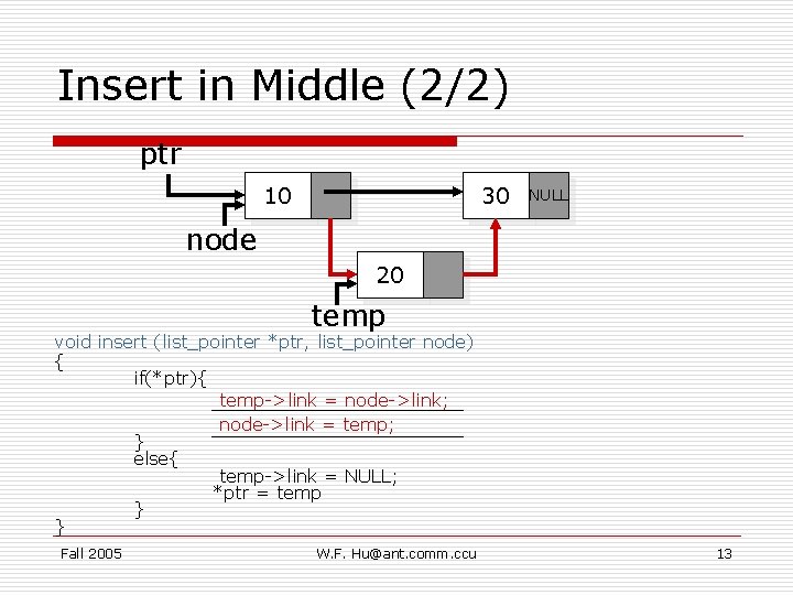 Insert in Middle (2/2) ptr 10 30 NULL node 20 temp void insert (list_pointer