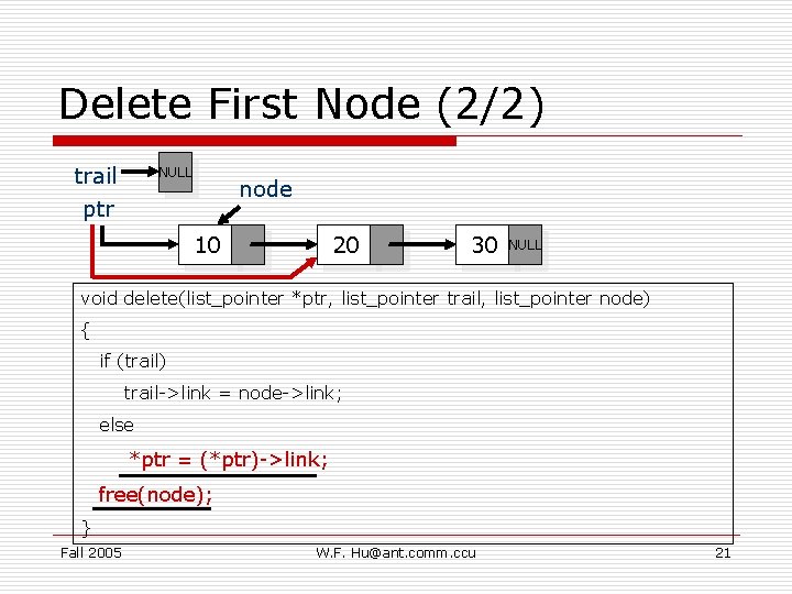 Delete First Node (2/2) trail ptr NULL node 10 20 30 NULL void delete(list_pointer