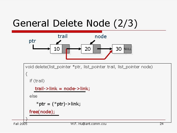 General Delete Node (2/3) trail ptr node 10 20 30 NULL void delete(list_pointer *ptr,