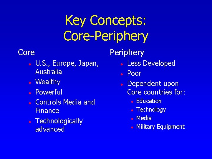 Key Concepts: Core-Periphery Core l l l Periphery U. S. , Europe, Japan, Australia Key Concepts: Core-Periphery Core l l l Periphery U. S. , Europe, Japan, Australia