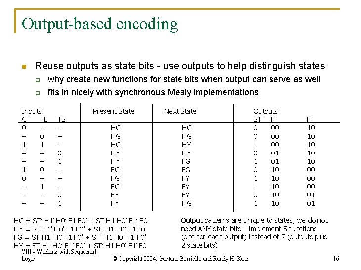 Output-based encoding n Reuse outputs as state bits - use outputs to help distinguish