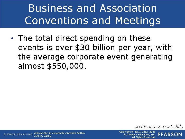 Business and Association Conventions and Meetings • The total direct spending on these events