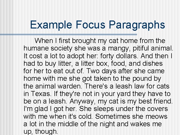 Example Focus Paragraphs When I first brought my cat home from the humane society
