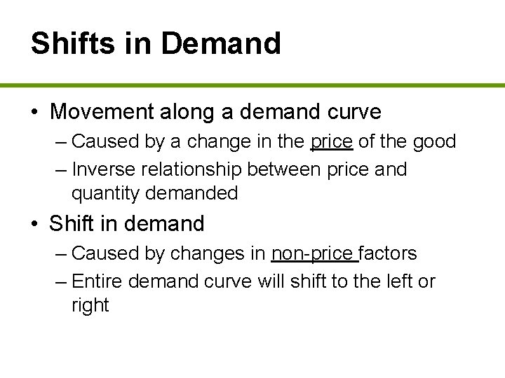 Shifts in Demand • Movement along a demand curve – Caused by a change