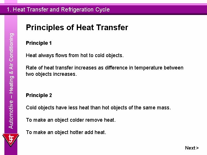 1. Heat Transfer and Refrigeration Cycle Automotive – Heating & Air Conditioning Principles of