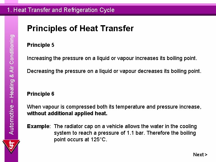 1. Heat Transfer and Refrigeration Cycle Automotive – Heating & Air Conditioning Principles of