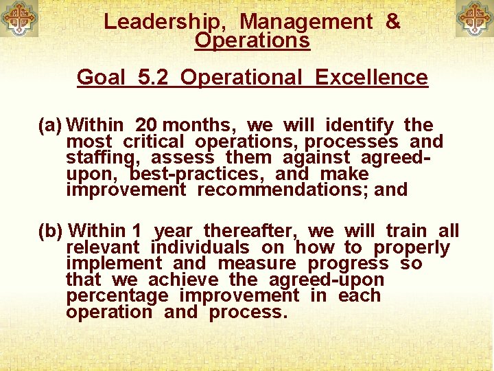 Leadership, Management & Operations Goal 5. 2 Operational Excellence (a) Within 20 months, we
