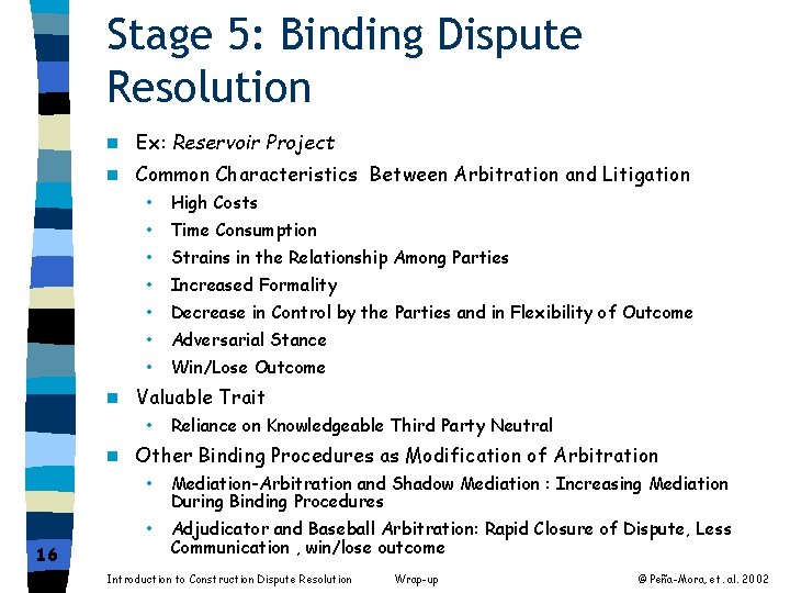 Stage 5: Binding Dispute Resolution n Ex: Reservoir Project n Common Characteristics Between Arbitration