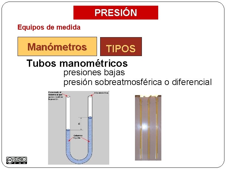 PRESIÓN Equipos de medida Manómetros TIPOS Tubos manométricos presiones bajas presión sobreatmosférica o diferencial