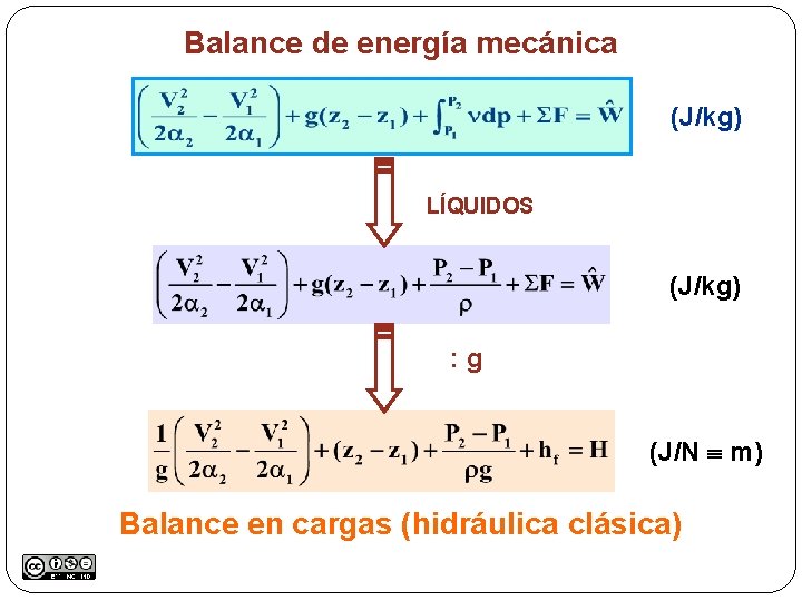Balance de energía mecánica (J/kg) LÍQUIDOS (J/kg) : g (J/N m) Balance en cargas