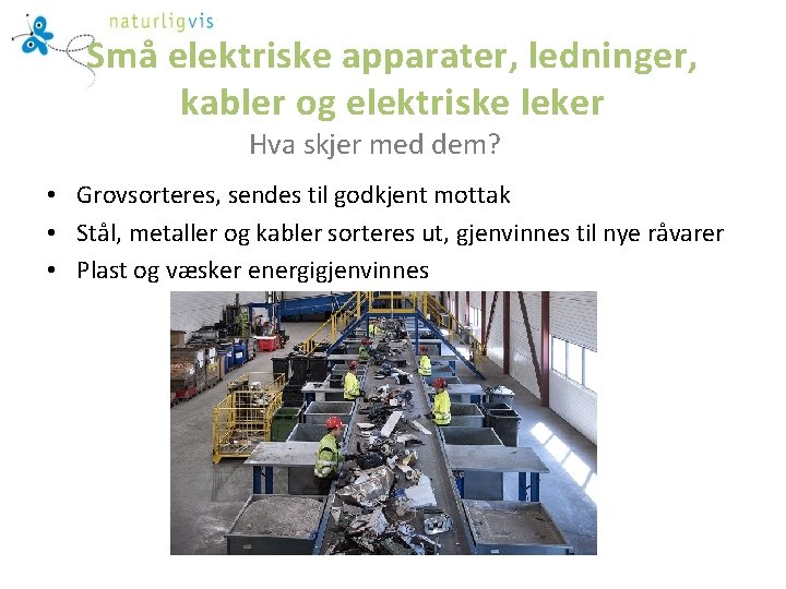 Små elektriske apparater, ledninger, kabler og elektriske leker Hva skjer med dem? • Grovsorteres,