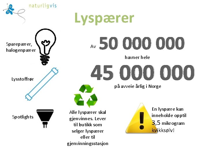 Lyspærer Sparepærer, halogenpærer Av 50 000 havner hele Lysstoffrør 45 000 på avveie årlig