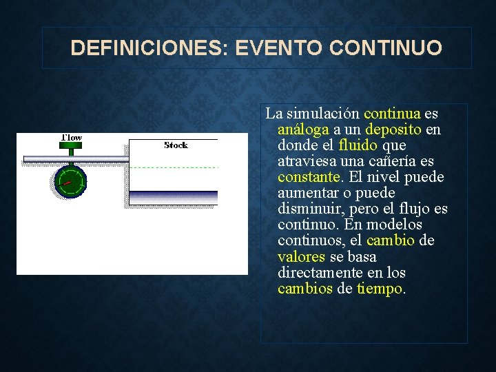 DEFINICIONES: EVENTO CONTINUO La simulación continua es análoga a un deposito en donde el