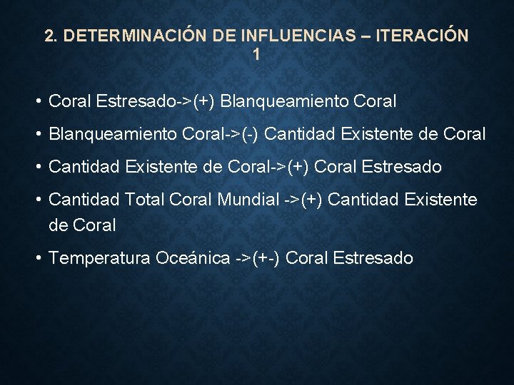 2. DETERMINACIÓN DE INFLUENCIAS – ITERACIÓN 1 • Coral Estresado->(+) Blanqueamiento Coral • Blanqueamiento