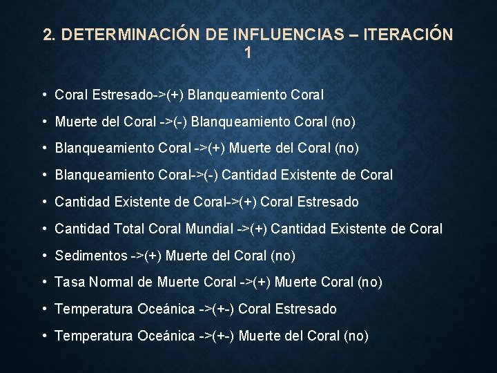 2. DETERMINACIÓN DE INFLUENCIAS – ITERACIÓN 1 • Coral Estresado->(+) Blanqueamiento Coral • Muerte