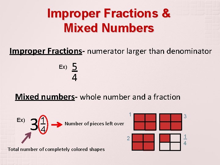 Improper Fractions & Mixed Numbers Improper Fractions- numerator larger than denominator Ex) 5 4