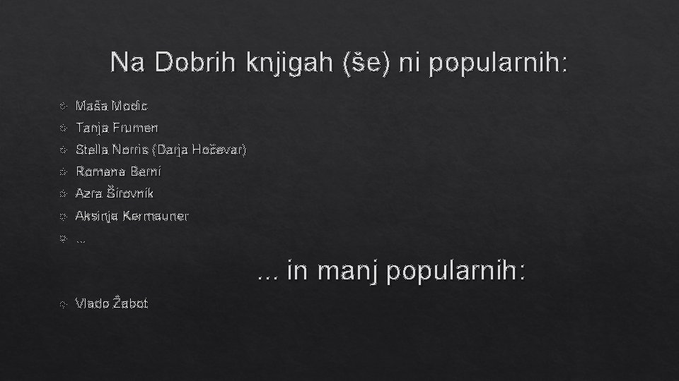 Na Dobrih knjigah (še) ni popularnih: Maša Modic Tanja Frumen Stella Norris (Darja Hočevar)
