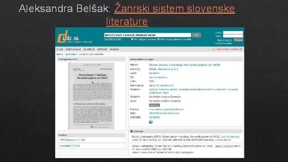 Aleksandra Belšak: Žanrski sistem slovenske literature 