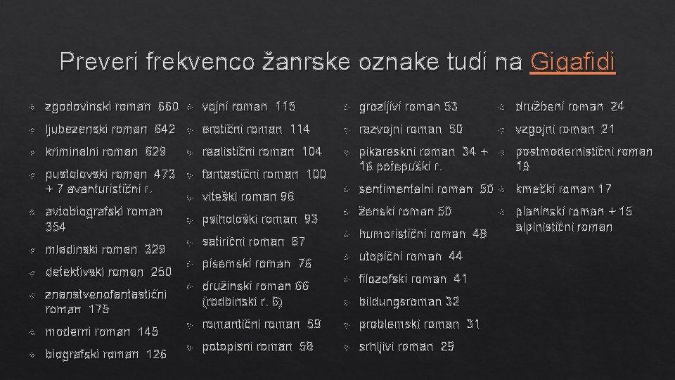Preveri frekvenco žanrske oznake tudi na Gigafidi zgodovinski roman 660 vojni roman 115 grozljivi