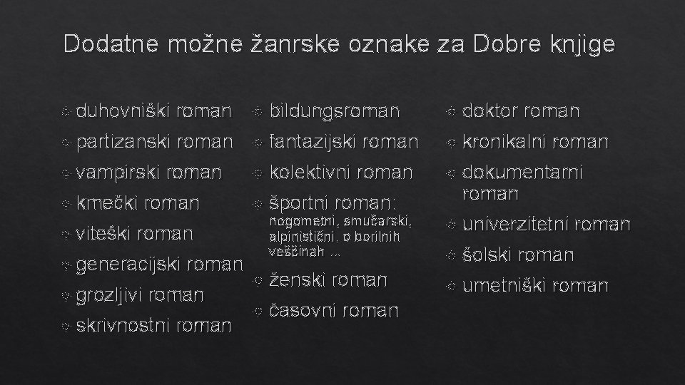 Dodatne možne žanrske oznake za Dobre knjige duhovniški roman partizanski roman vampirski roman kmečki