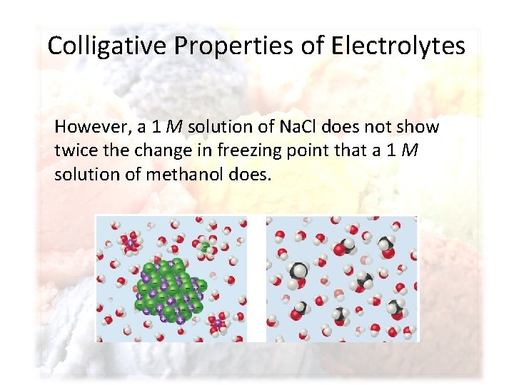 Colligative Properties of Electrolytes However, a 1 M solution of Na. Cl does not