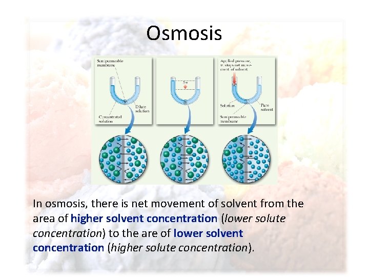 Osmosis In osmosis, there is net movement of solvent from the area of higher