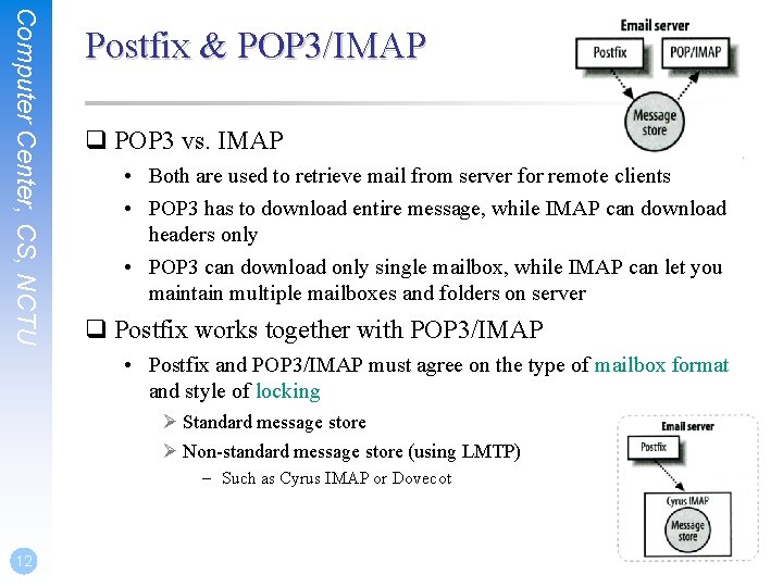 Computer Center, CS, NCTU Postfix & POP 3/IMAP q POP 3 vs. IMAP •