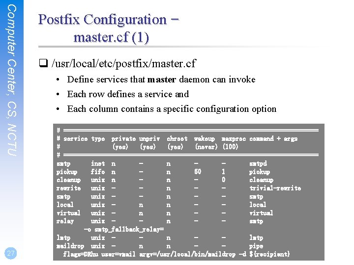 Computer Center, CS, NCTU 27 Postfix Configuration – master. cf (1) q /usr/local/etc/postfix/master. cf