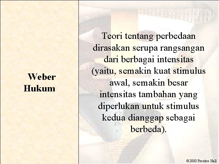  Weber Hukum Teori tentang perbedaan dirasakan serupa rangsangan dari berbagai intensitas (yaitu, semakin