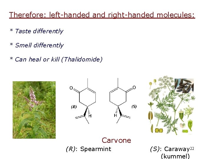 Therefore: left-handed and right-handed molecules: * Taste differently * Smell differently * Can heal