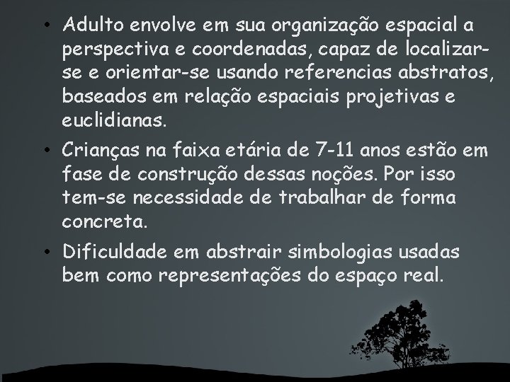  • Adulto envolve em sua organização espacial a perspectiva e coordenadas, capaz de